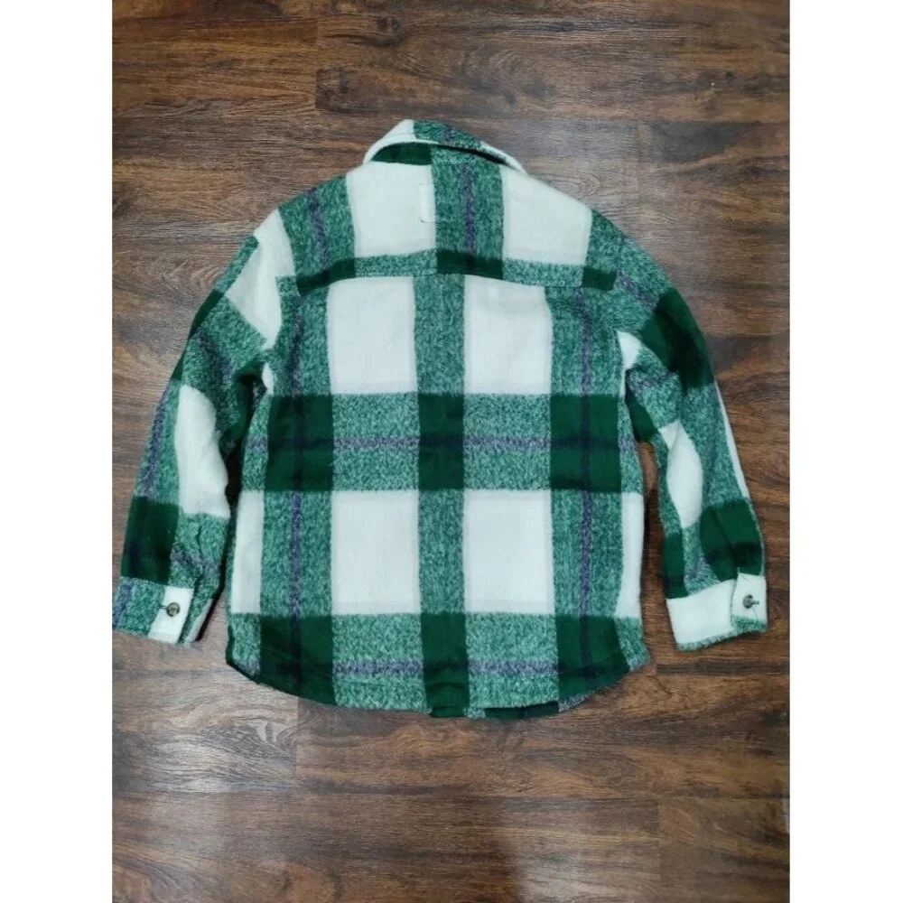 Avec Les Filles Green White Buffalo Plaid Wool Blend Shacket Overshirt - Picture 6 of 13